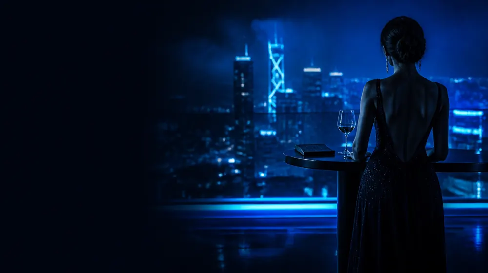 Wife OnlyFans creators — woman in an evening gown at a rooftop bar, a framed wedding photo turned face down
