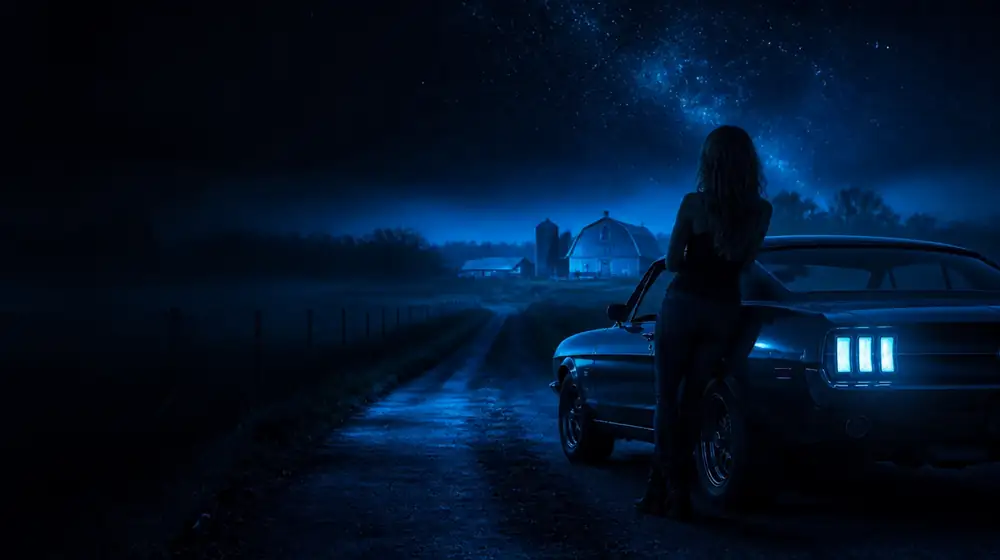 Wisconsin OnlyFans creators — woman beside a classic muscle car on a starlit highway, a red dairy barn and rolling farm fields