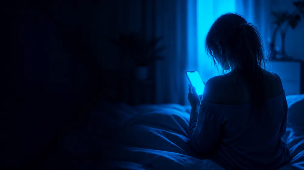 With No PPV OnlyFans creators — woman on a bed lit by a smartphone glow, an unlocked screen casting soft light