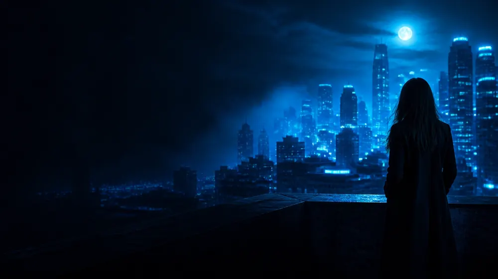 Worcester OnlyFans creators — woman on a rooftop overlooking a glowing skyline, triple-decker rooftops under the moon