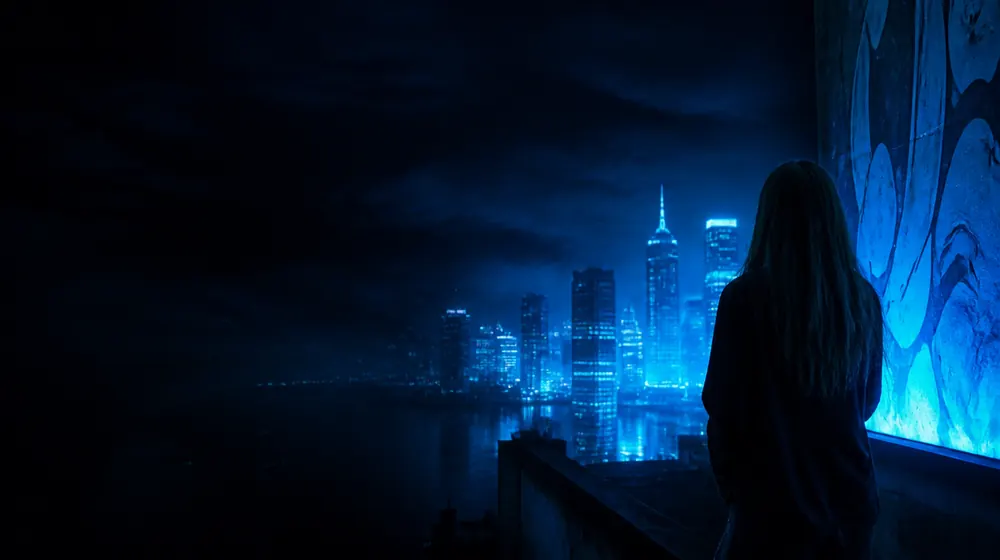 Wynwood OnlyFans creators — woman on a rooftop overlooking a glowing skyline, giant mural walls glowing with painted art