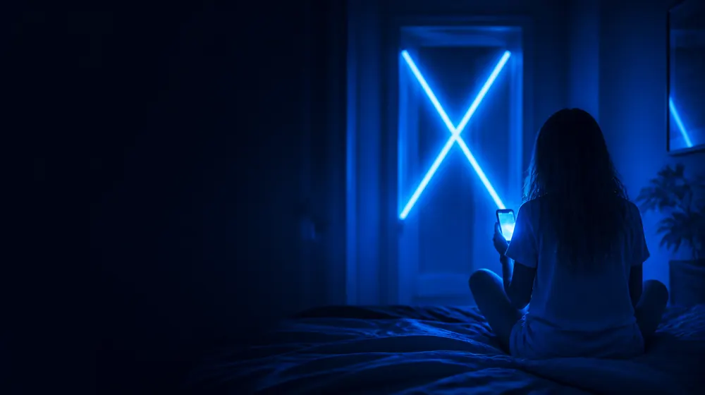 X OnlyFans creators — woman on a bed lit by a smartphone glow, a giant neon X over the doorway