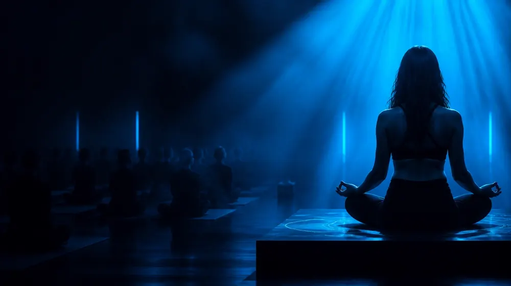 Yoga Instructor OnlyFans creators — woman in a yoga pose crossed by soft light beams, a row of student mats facing her platform