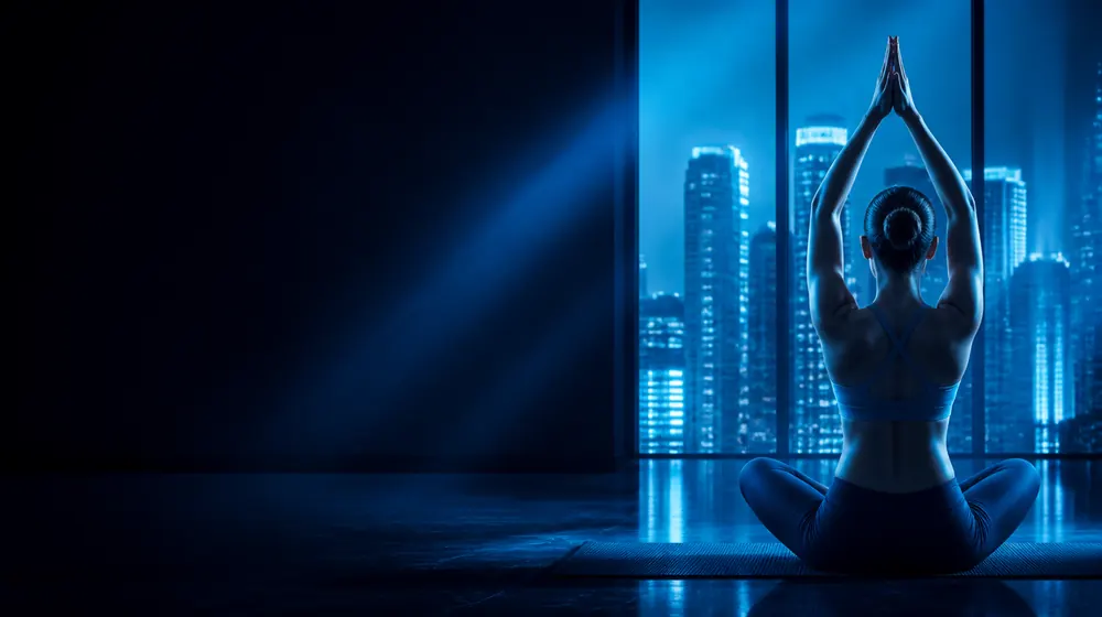 Yoga OnlyFans creators — woman in a yoga pose crossed by soft light beams, a sunrise-free skyline beyond the studio glass