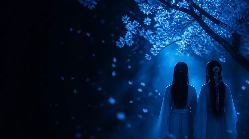 Yuri OnlyFans creators — two women under a blossoming tree at night